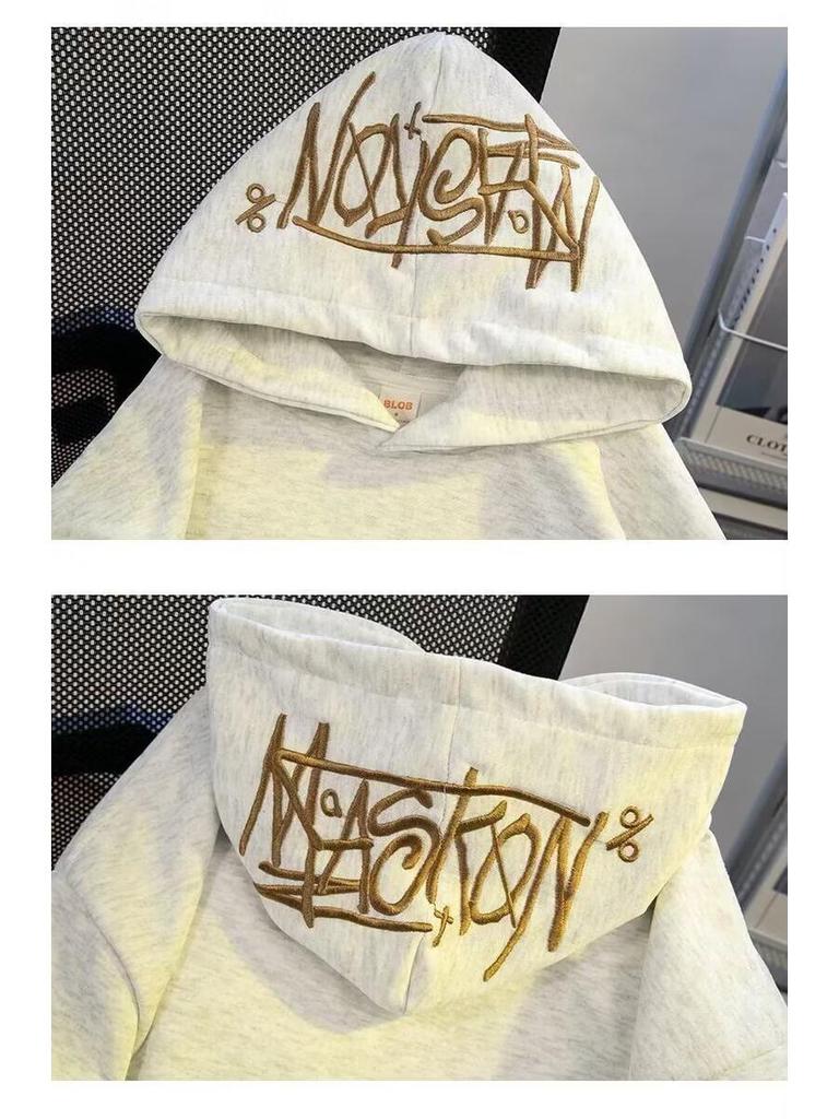 Pánská těžká světle šedá mikina s kapucí - Americký styl, Podzim 2025, Trendy ležérní bunda