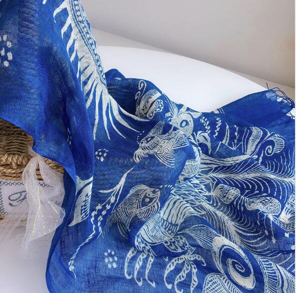 60x185CM Spring And Autumn Thin Retro Blue Tie Dyed Scarf Breathable Peacock And Butterfly Design Thin Linen Scarves For Lady