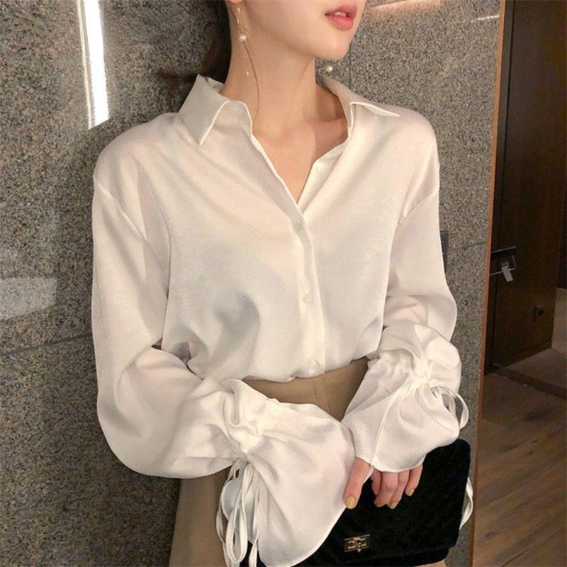 Elegant Women's Summer Blouses OL Office Casual Woman Tops Women White Shirt Blouse Chemise Femme Blusas Flare Long Sleeve