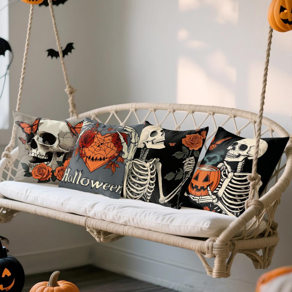 Home Decor Skeleton & Rose Halloween Themed Pillow Covers Pattern Cushion Cover Suitable For Sofa Bedroom Car Pillow Cover