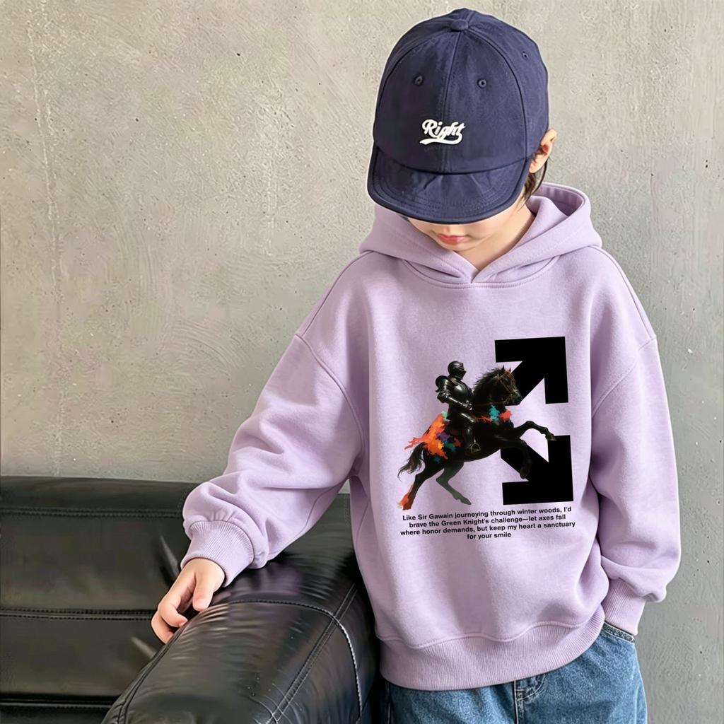 Y2K Trendy Art Rider Horse Print Warm Kids Hooded Sweatshirt, Autumn/Winter Kids' Casual Top