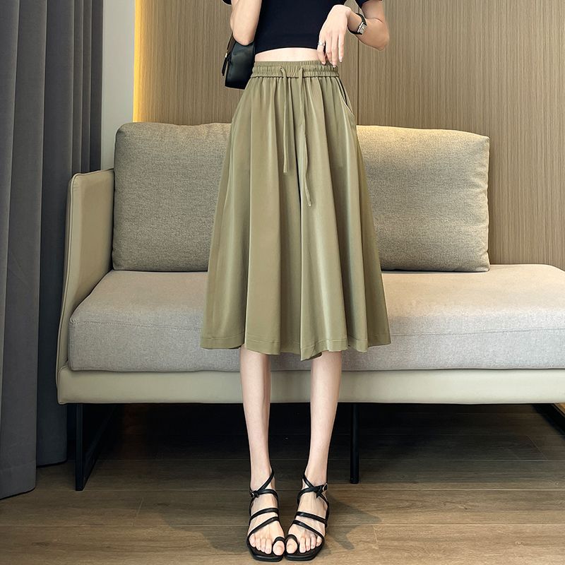 Women's Wide Leg Capri Pants High Waist Solid Color Summer Thin Elastic Fashion Drawstring Casual Pockets Spliced