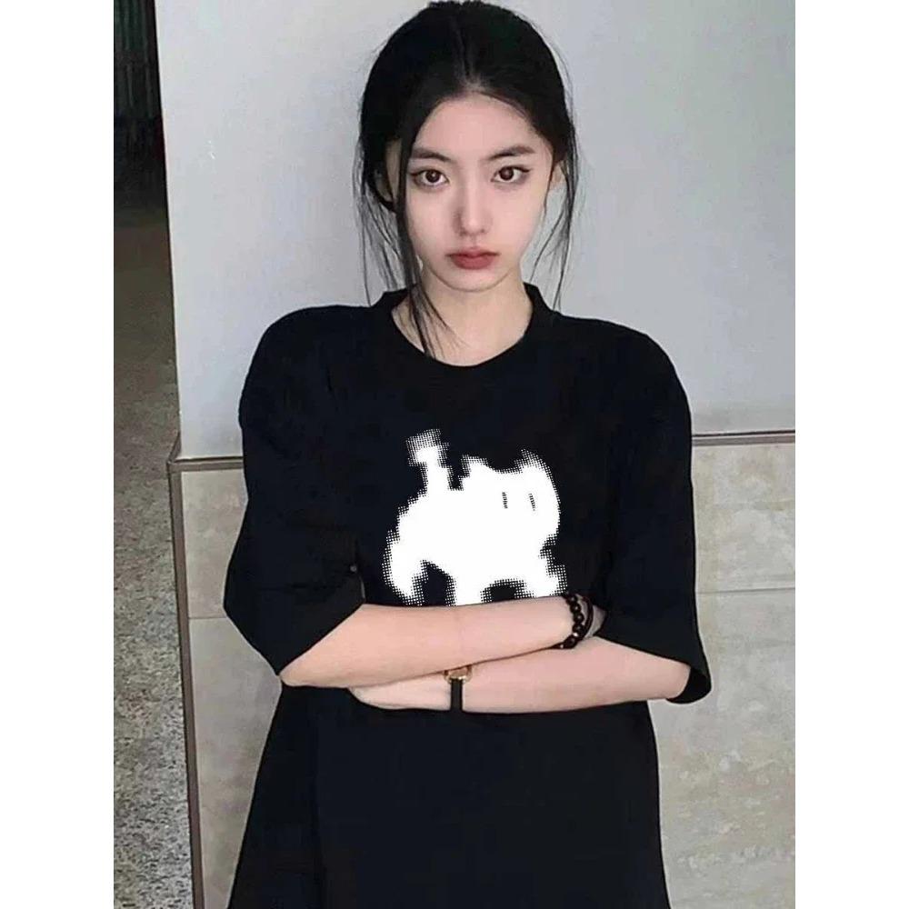 Koreanische Mode Damen T-Shirts Schwarze Katze Pixel Cartoons Druck Tops Bequem Weich O-Ausschnitt Locker Kurzarm Damenkleidung