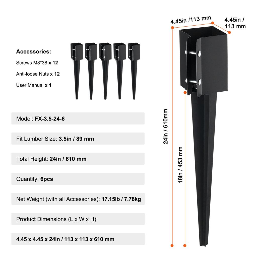 VEVOR Fence Post Anchor Ground Spike, 6 Pack 24 x 4 x 4 Inches Outer Diameter (Inner Diameter 3.5 x3.5 Inches)
