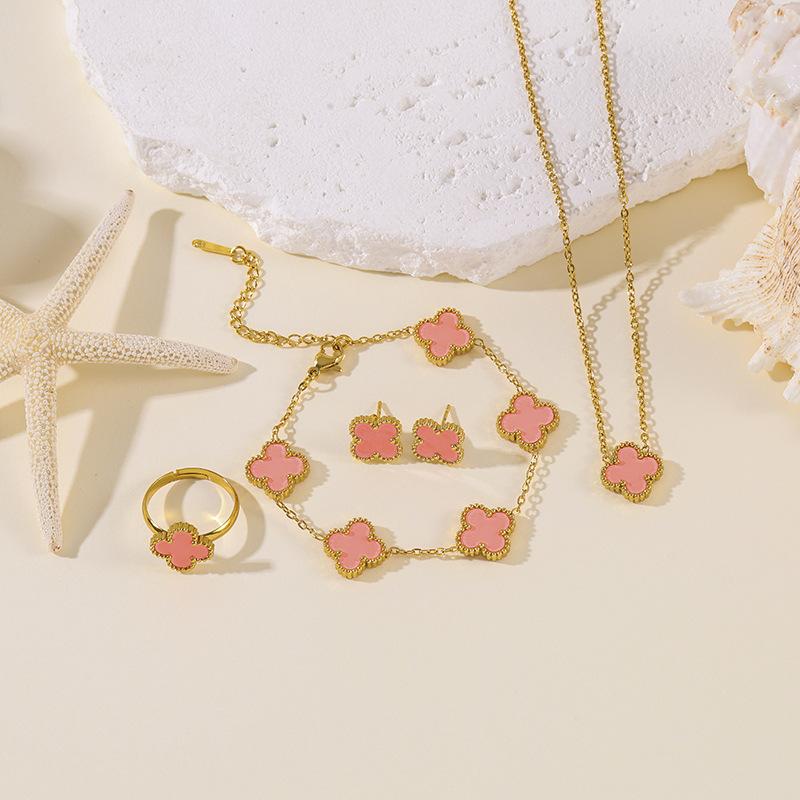 4PCS 13MM Double-Sided Mother-of-Pearl Lucky Four-Leaf Clover Bracelet, Earrings and Ring Four-Piece Women's Jewelry Set