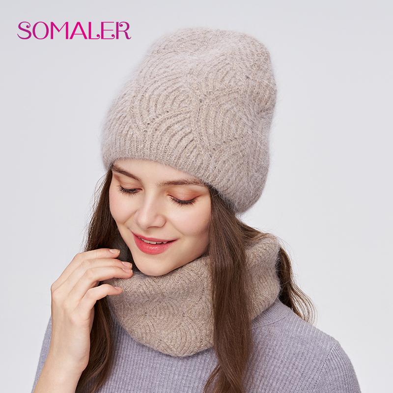 SOMALER Women's Winter Warm Fluffy Angora Hat Scarf Set Warm Angora Wool Knit Beanie  Neck Warmer 2 in 1 Gift Set
