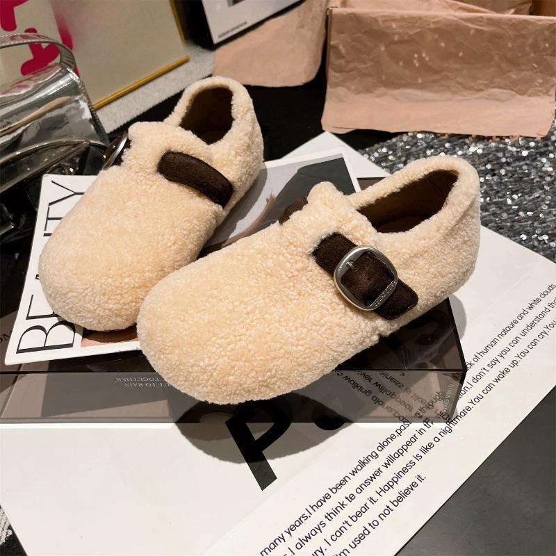 

Модная европейская металлическая пуговица, ленивые слипоны, флисовые хлопковые туфли, пушистые туфли на плоской подошве, лоферы 40 бежевый