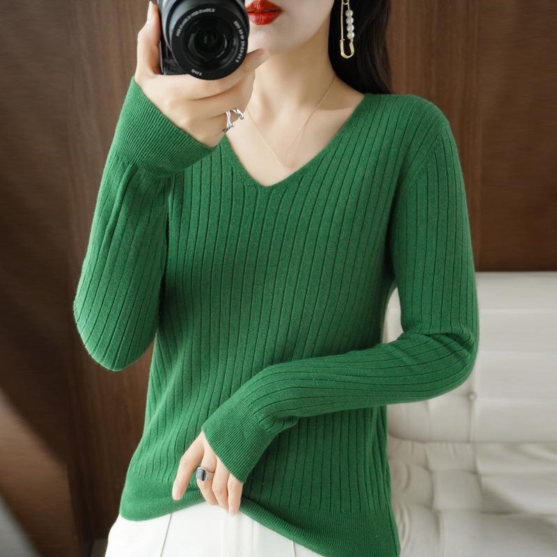 

Осенне-зимний свитер с V-образным вырезом, женский полосатый однотонный базовый свитер, корейский тонкий капюшон, внутренний комплект, женский теплый повседневный вязаный свитер XXL зелёный