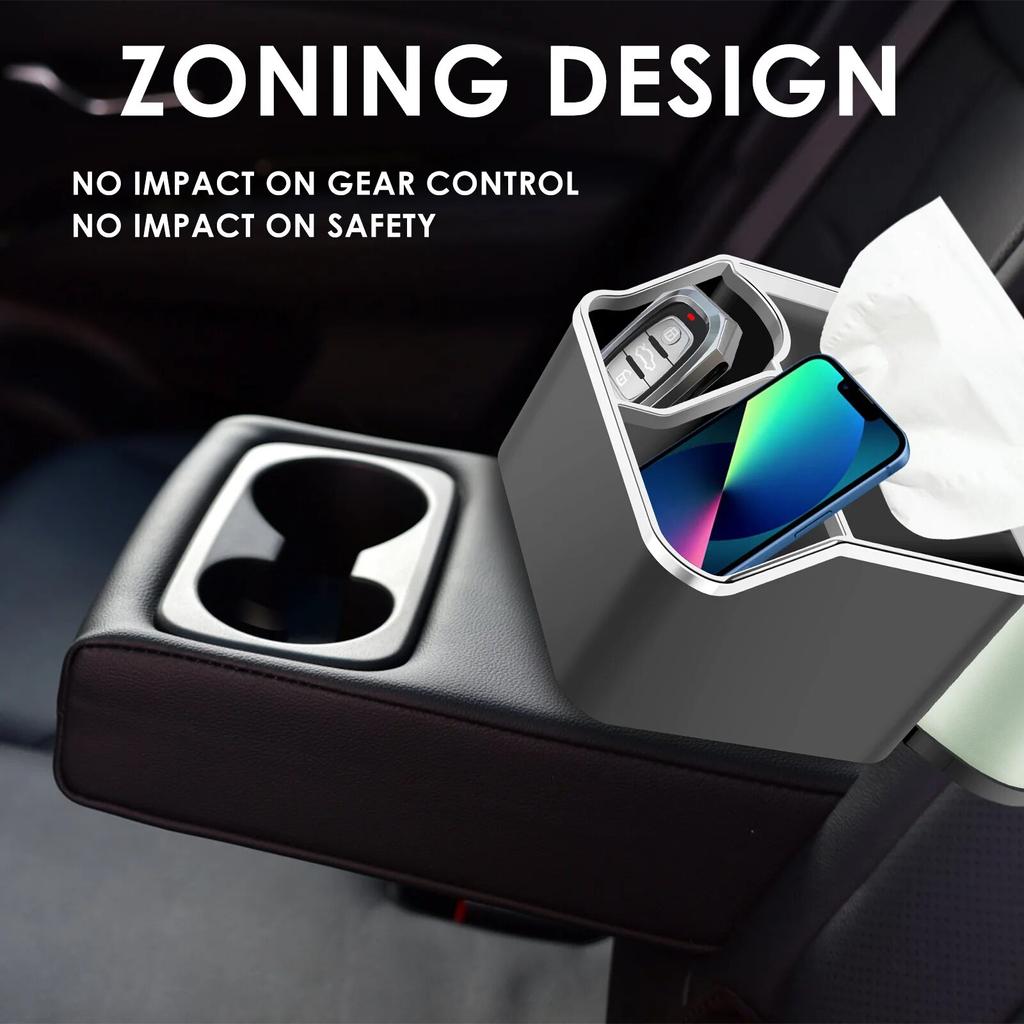 Aufbewahrungs-Organizer für die Armlehne des Autos, Taschentuchhalter für die Armlehne des Autos mit 2 klappbaren Getränkehaltern, Aufbewahrungsbox für den Autoinnenraum für Autozubehör