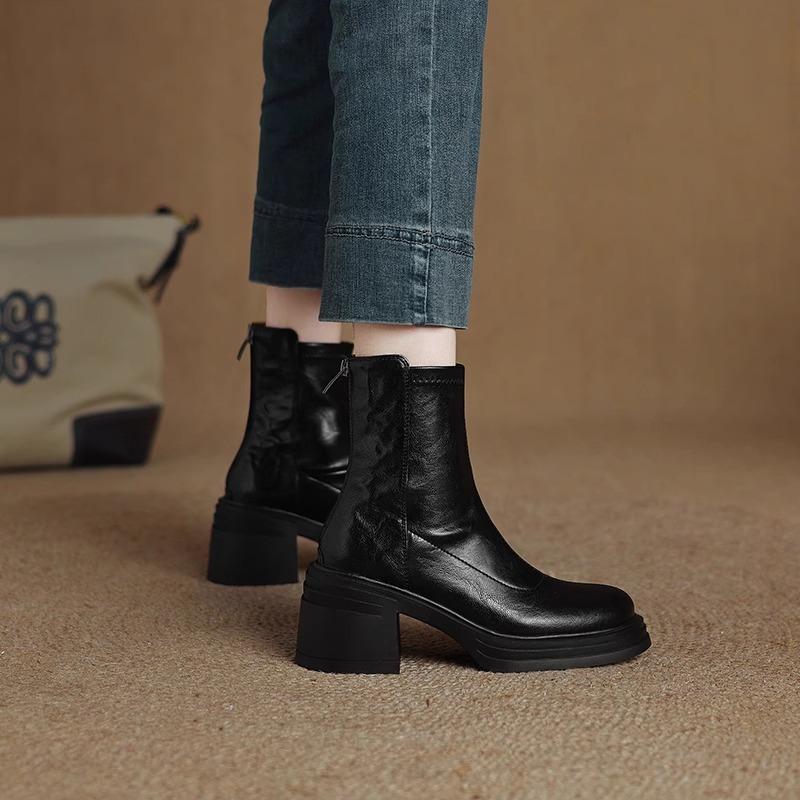 Women's Thick Heel Cotton Boots Winter New Round Head Back Zipper Leather Soft Soled Non-slip Mid-calf Boots