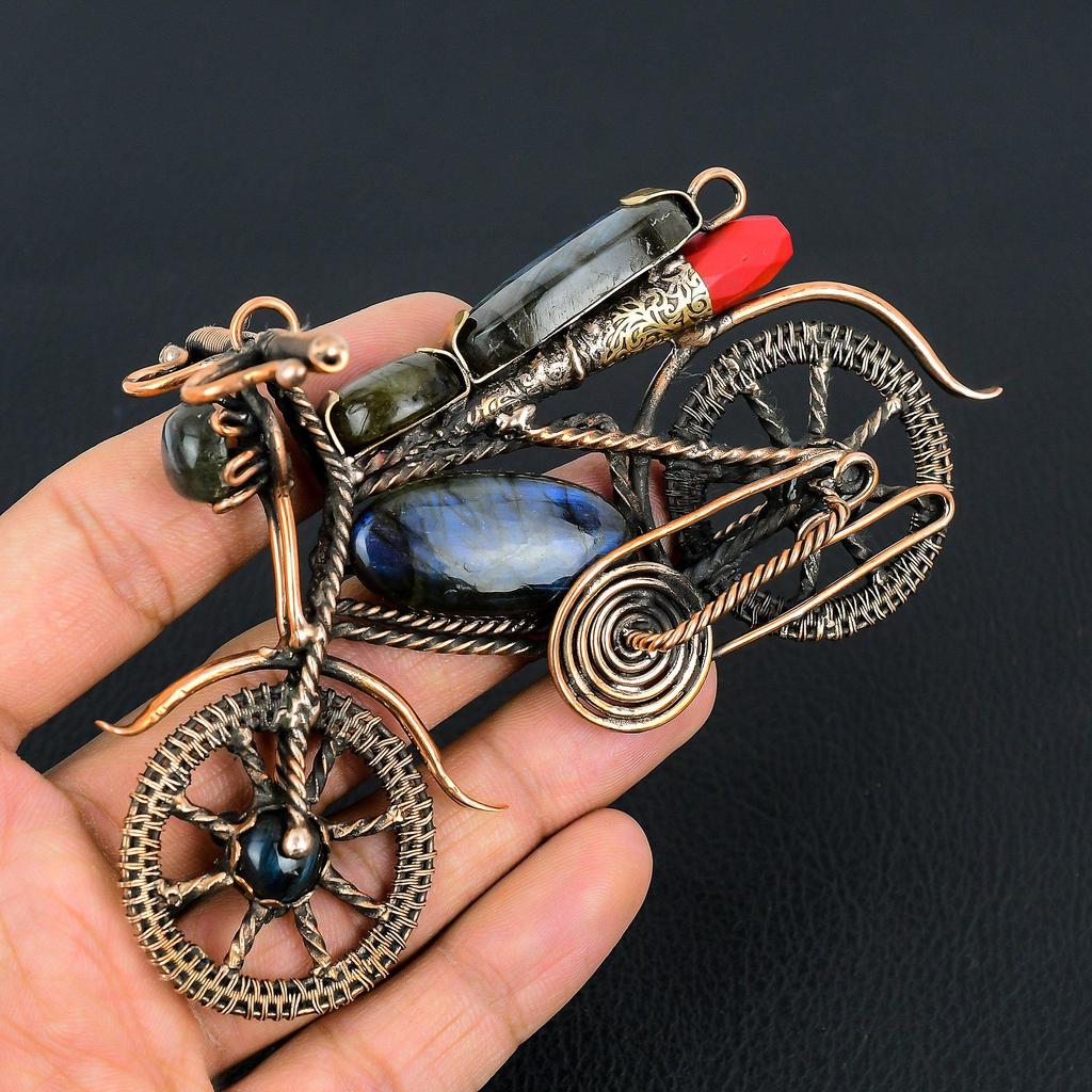 Labradorite & Red Coral Gemstone Copper Wire Wrapped Motorcycle Designer Pendant, Gifts For Wife Brand New Pendant