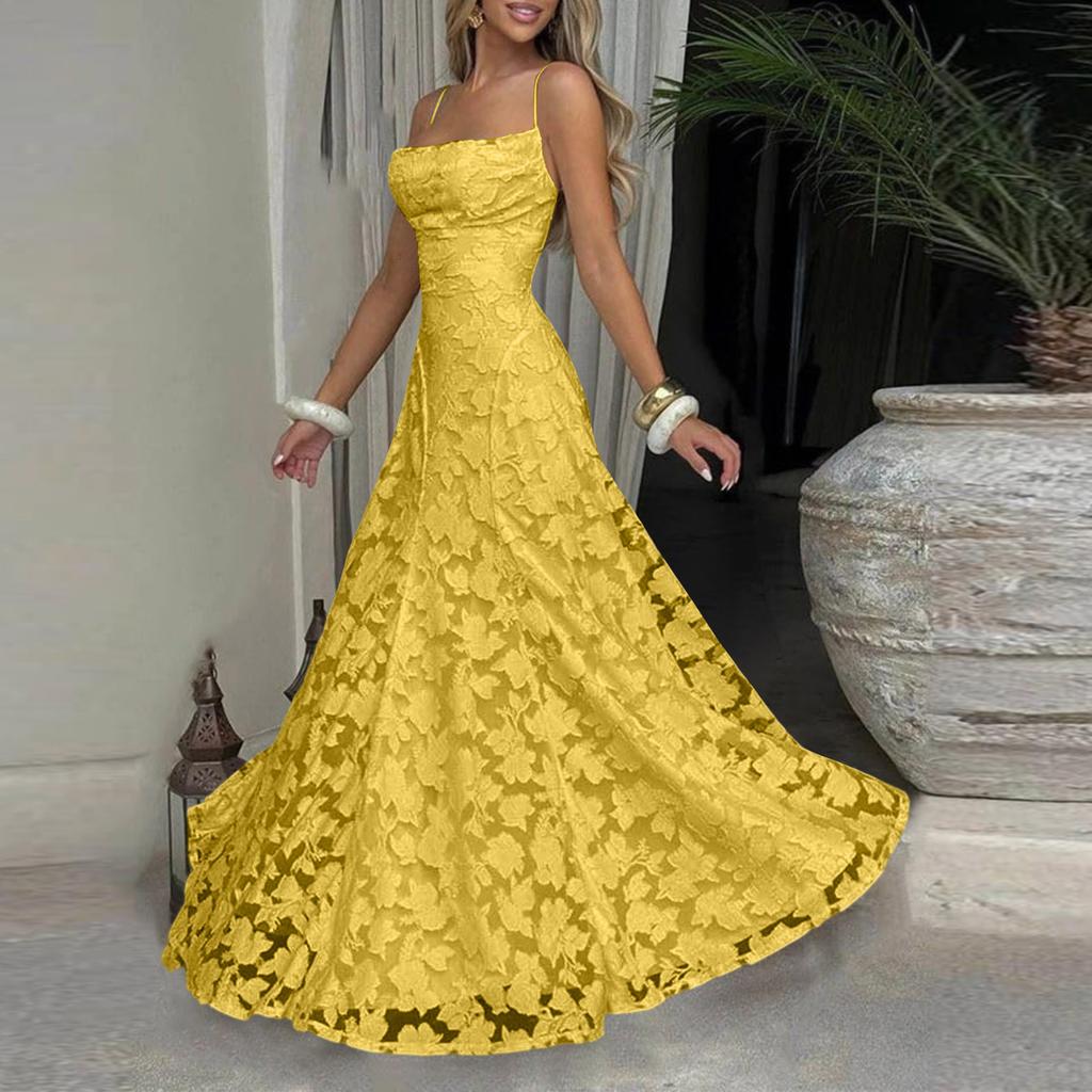 Women’s Casual Lace Patchwork Maxi Dress Sleeveless Spaghetti Strap Long Dress Elegant Evening Party Gown for Summer