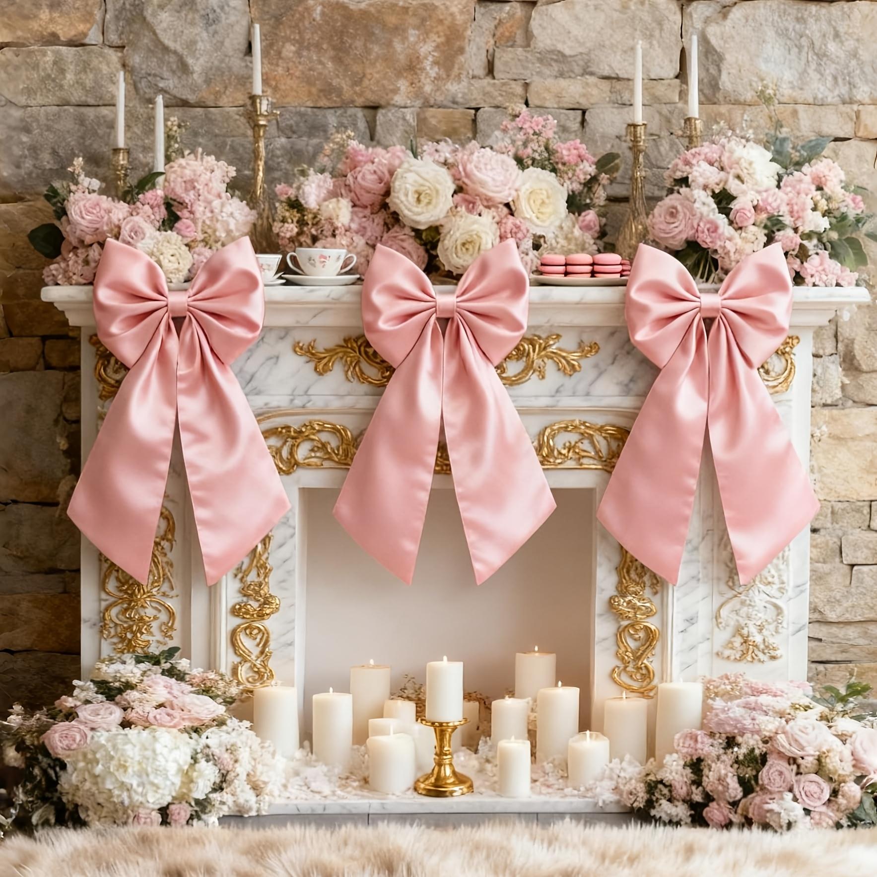 3Pcs Large Pink Bows For Comfortable Room Decoration, 23x11inch Satin Bows, Large Pastel Pink Bows For Christmas Tree Top, Girl S Room Christmas Gift 3Pcs