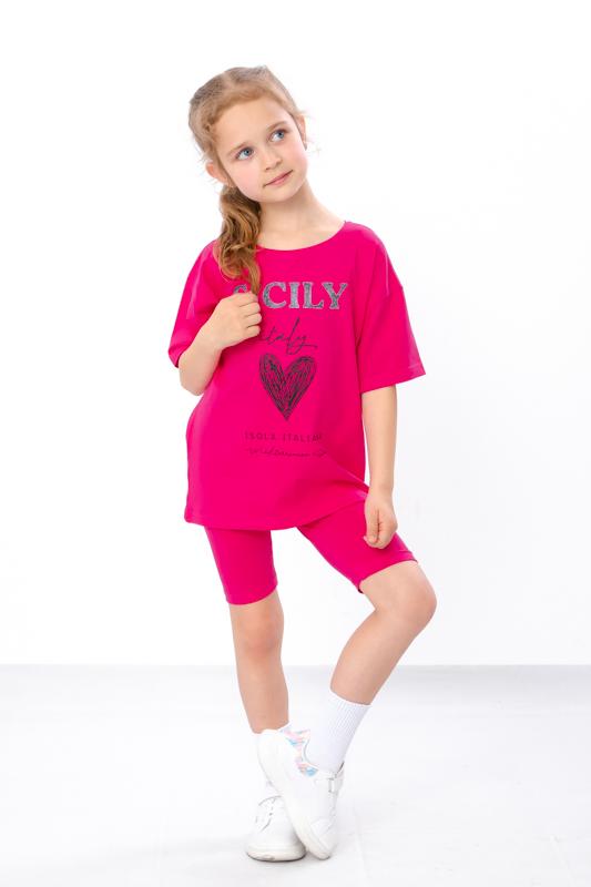

Легкий в язаний комплект для дівчаток – Футболка з коротким рукавом вільного крою та еластичні велосипедки, Літо, 6420-036-33 HC 110 фуксія