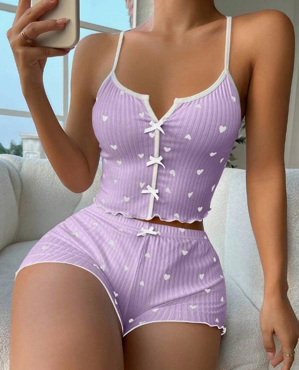 Ensemble pyjama camisole à imprimé cœur et nœud - Ensemble deux pièces confortable en côtes pour la détente
