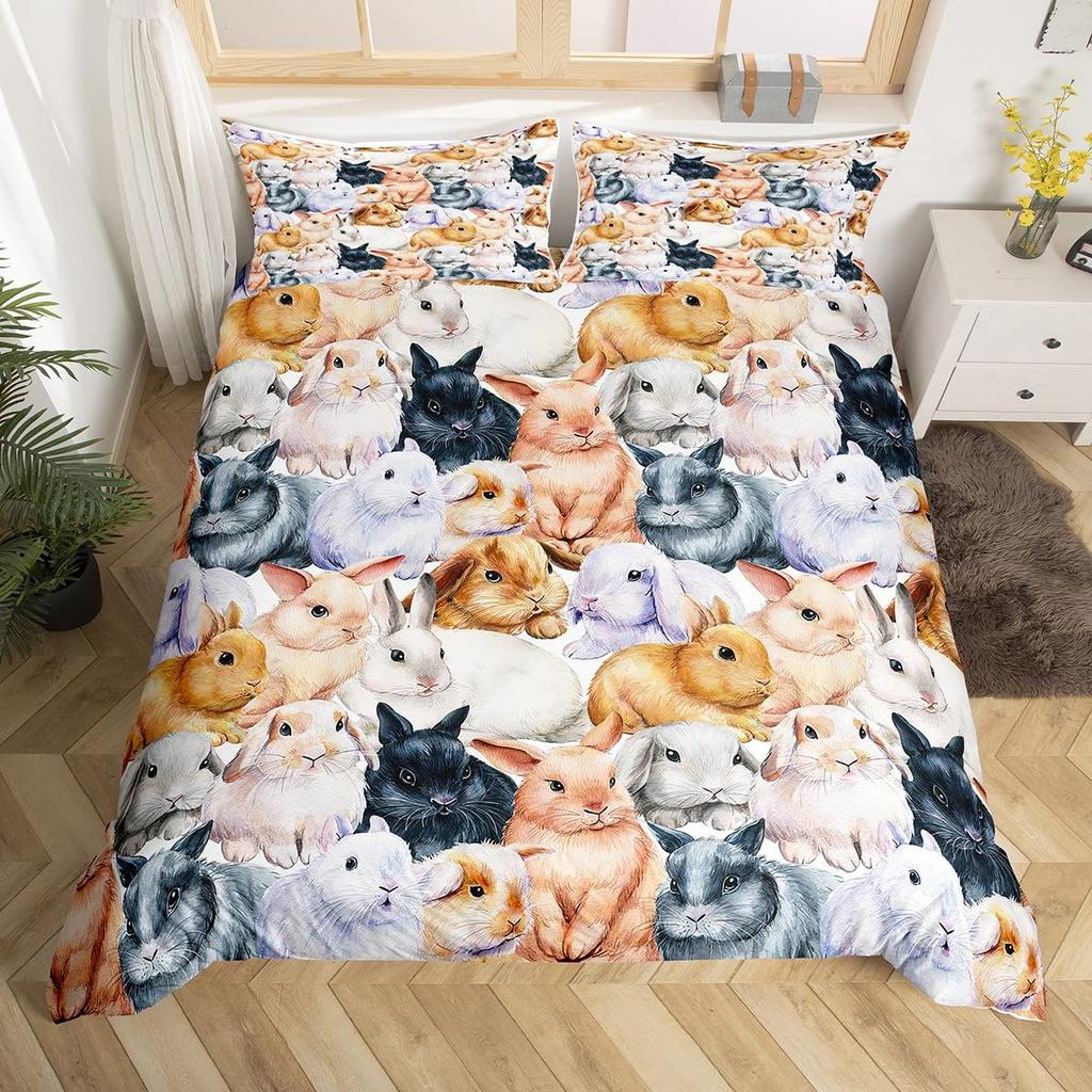 Cute Easter Rabbit Duvet Cover Twin Queen Cartoon Bunny Bedding Set Kawaii Animal Comforter Cover Spring Flowers Bedspread Cover