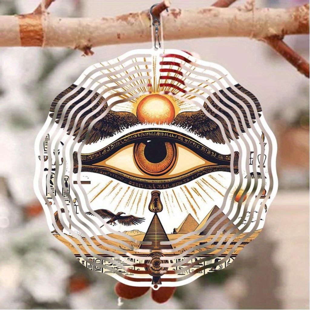 1pc 2D Ancient Egyptian Pharaoh's Eye Mandala Rotating Wind Chime - Metal Outdoor Garden Decor with 360° Rotating Hook, No Electricity Needed