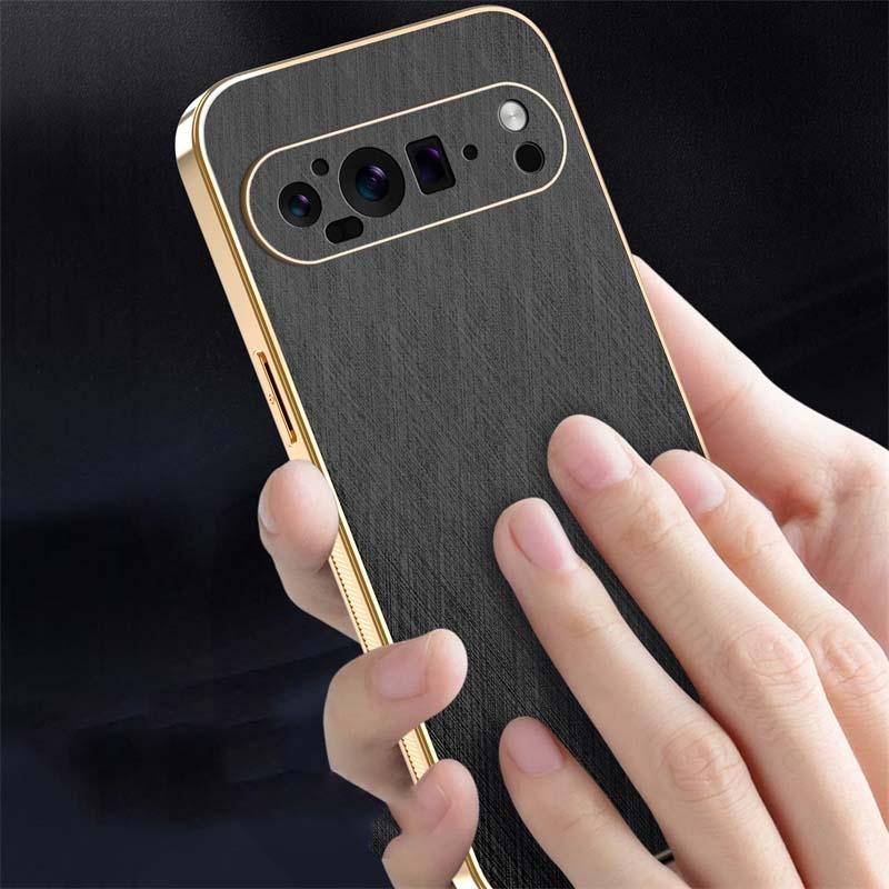 6D Plating Gold Silk Grain Leather Case For Google Pixel 9 Pro XL Electroplated Tough Shockproof Cover For Pixel 9a 8 7 6 9 Pro