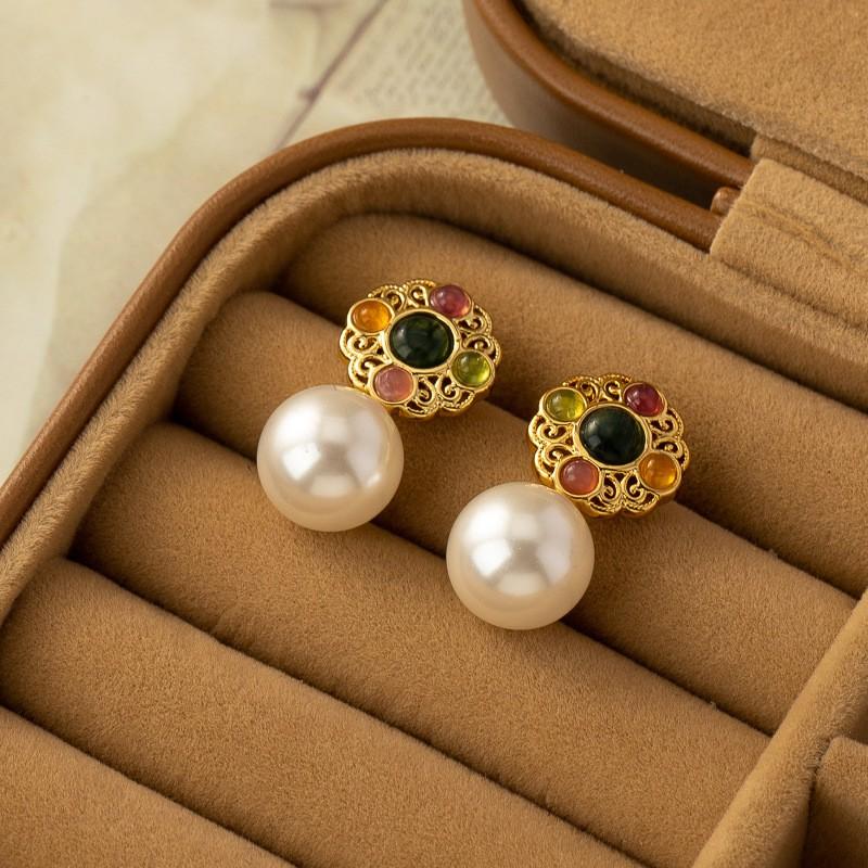 Bloemvormige Oorbellen Met Kleurrijke Agate Kralen Imitatie Parel Hangers Minimalistisch Elegante Sieraden Vrouwen