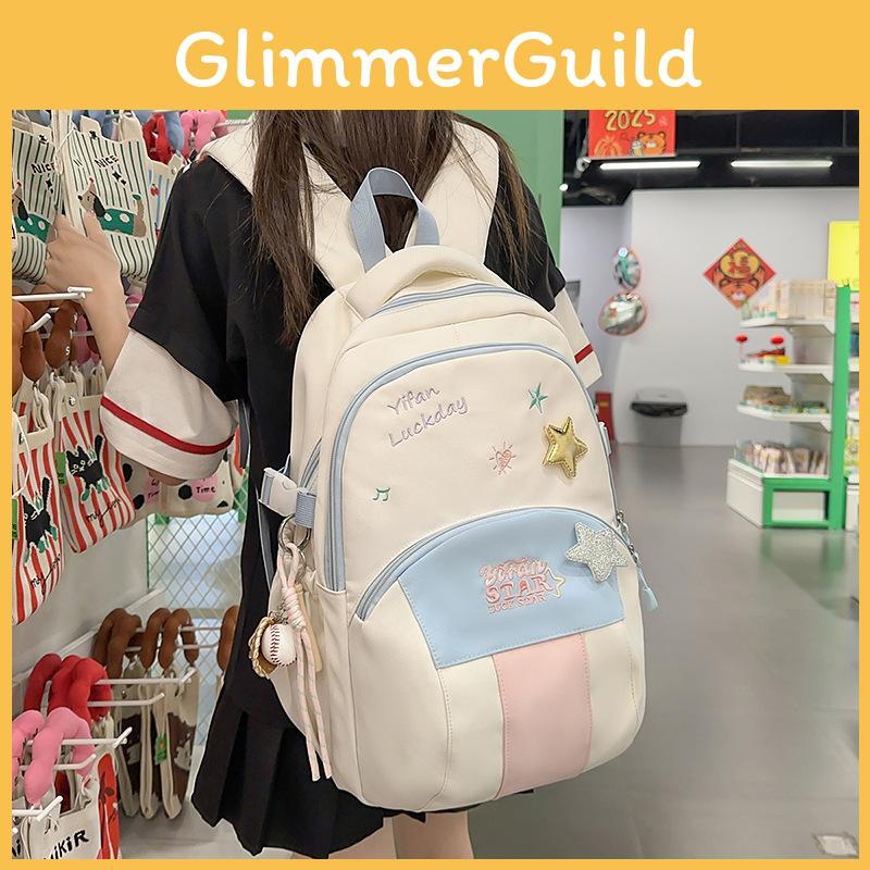 Blocked Letters Color Star Embroidery Pattern Student Backpack With Pendant