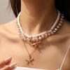 European & American Beach Style Starfish & Seashell Pendant Layered Necklace with Imitation Pearl Beads for Women