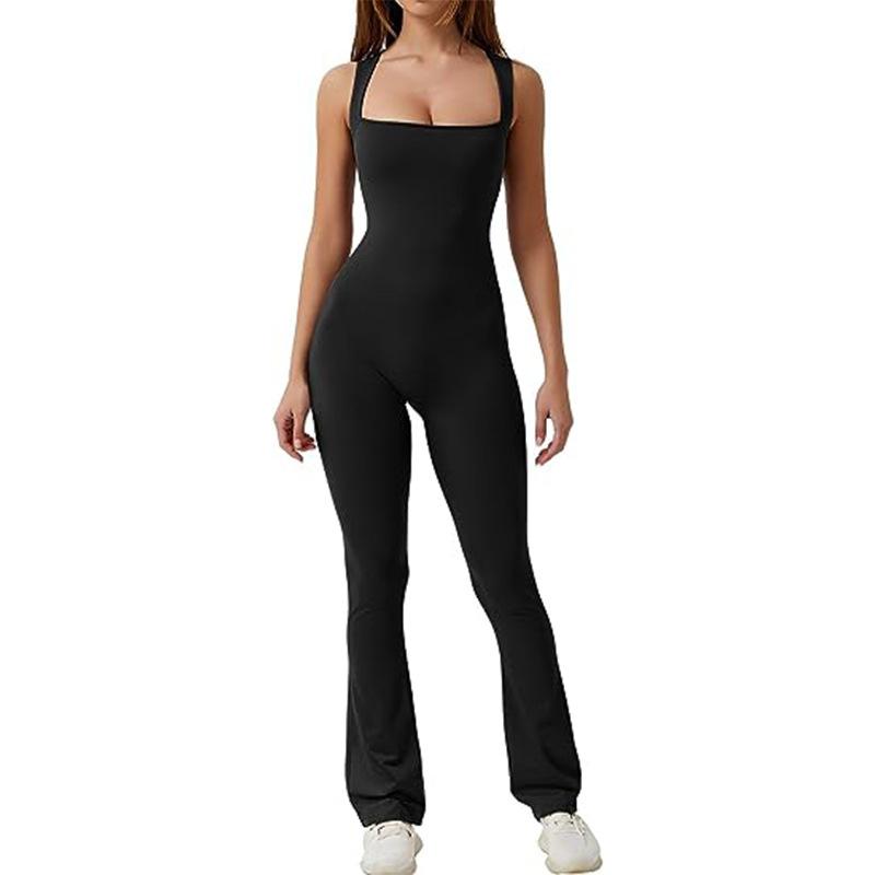 Solid Color Square Neck Vest Seamless Yoga Sports Flared Pants Tight Sexy One Piece Jumpsuit Fashion Elegant Beach Vacation Wear
