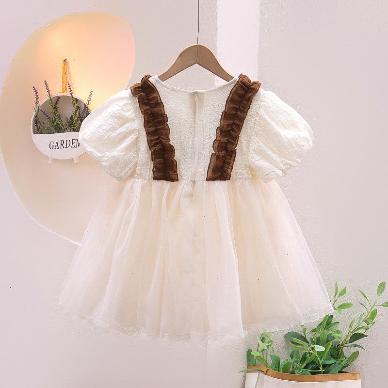 Kinder Sommer Kleidung Kinder Beige Kleid Kurzarm Prinzessin Mesh Kleider Baby Mädchen Süße Kleidung