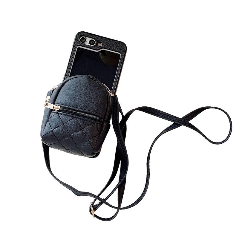 Applicable To Samsung Zflip5 Large-Capacity Mini Schoolbag Mobile Phone Case Clamshell Folding Screen Diagonal Straddle Rope Wallet Card Bag