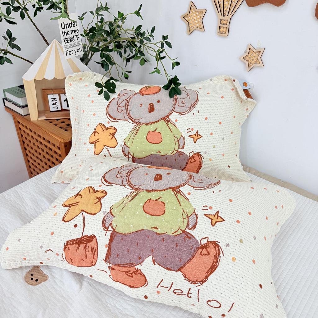 Cartoon Cotton Gauze Pillowcase Set: Soft, Breathable, Sweat-Absorbent Pillow Covers.