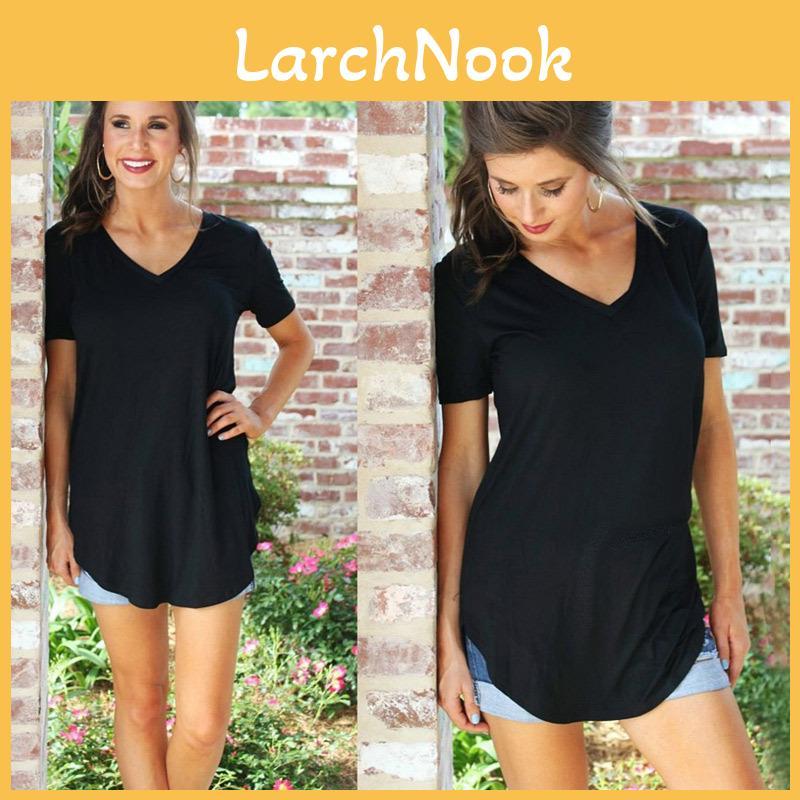 Stylish Women's Short Sleeve V-neck Hem Loose Casual Tee T-shirt For Summer Days