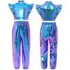 Girls Shiny Cargo Pants Metallic Ruffle Crop Top Rhinestone Adorned Mesh Patchwork Hip Hop Set