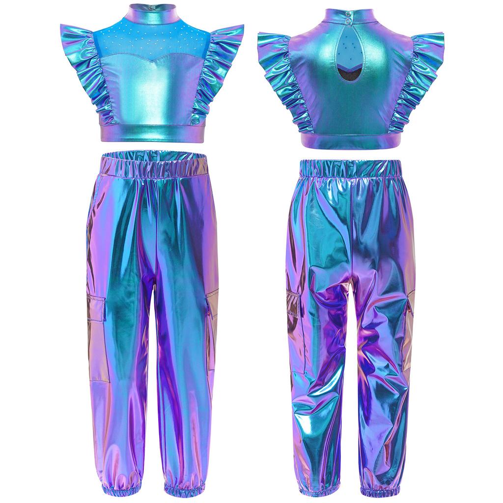 Girls Shiny Cargo Pants Metallic Ruffle Crop Top Rhinestone Adorned Mesh Patchwork Hip Hop Set