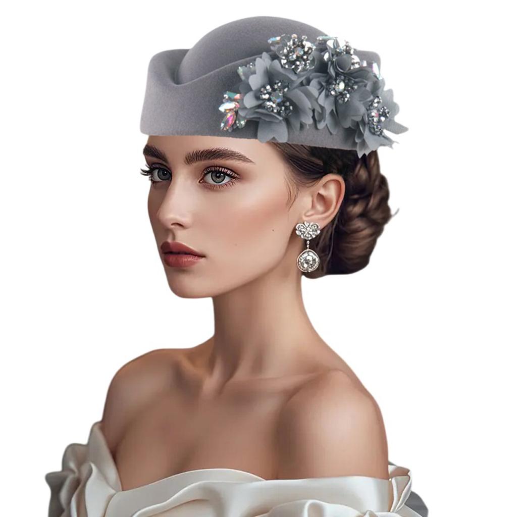 Cappello Pillbox da Donna Fiori Berretti Vintage Britannici in Feltro Cappellino per Chiesa Festa del Tè Accessorio