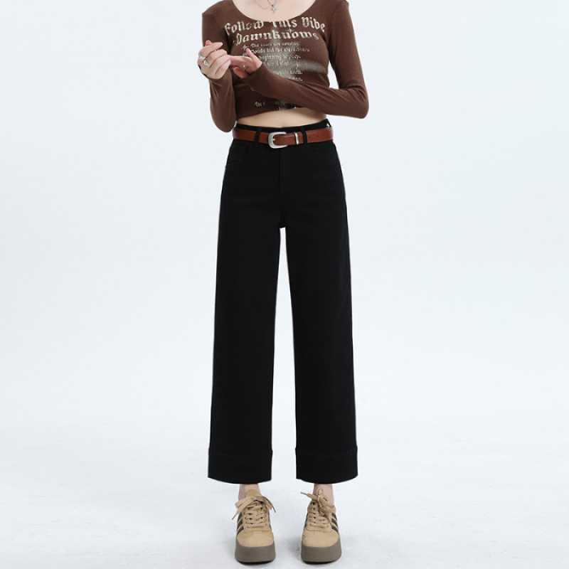 Retro Blue High-Waist Cropped Cigarette Jeans with Leather Patch XL