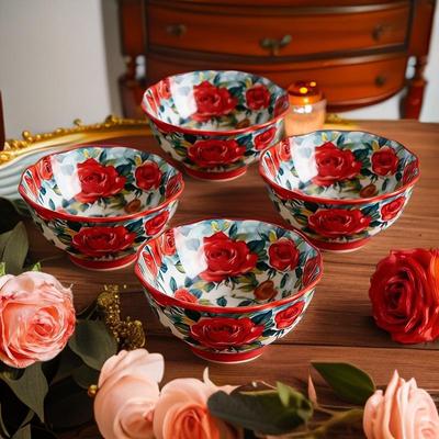 Set of 4 Red Rose 5-Inch Lace Rice Bowls - Premium Underglaze Ceramic Tableware