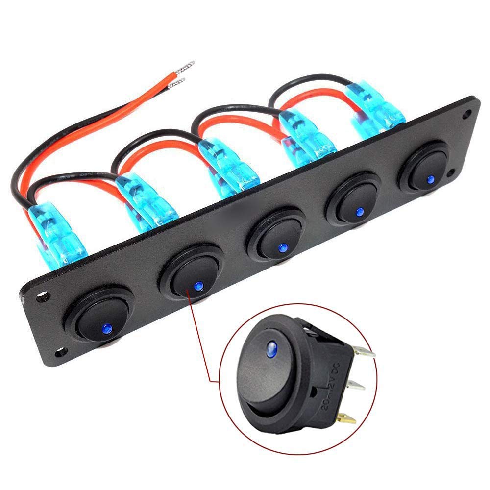 12V Rocker Switch Panel Circuit Breaker Waterproof 5 Gang 3 Pin On/Off Toggle LED Switches for RV Marine Car Vehicle Trailer Truck SUV Boat RV Ship
