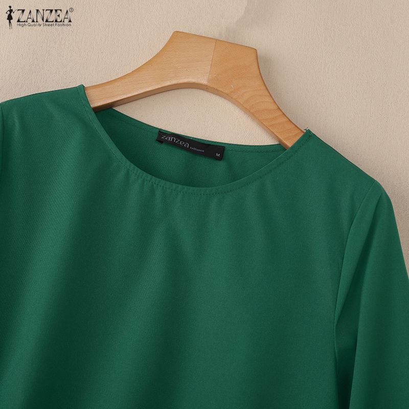 ZANZEA Women Casual Round Neck 3/4 Sleeve Loose Irregular Blouse