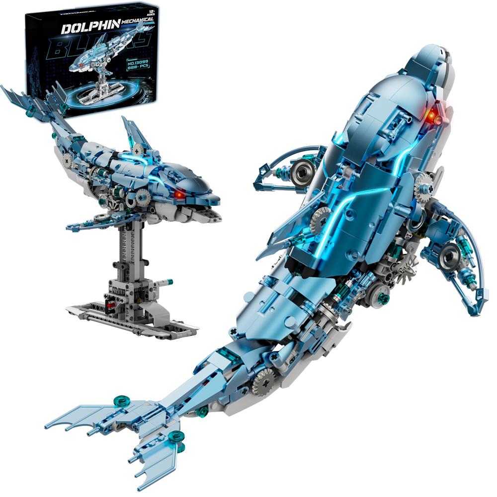 NEW Mechanical Blue Dolphin Building Blocks, 888pcs Technical Ocean Animal,Gear Linkage, Desktop Decor Gift