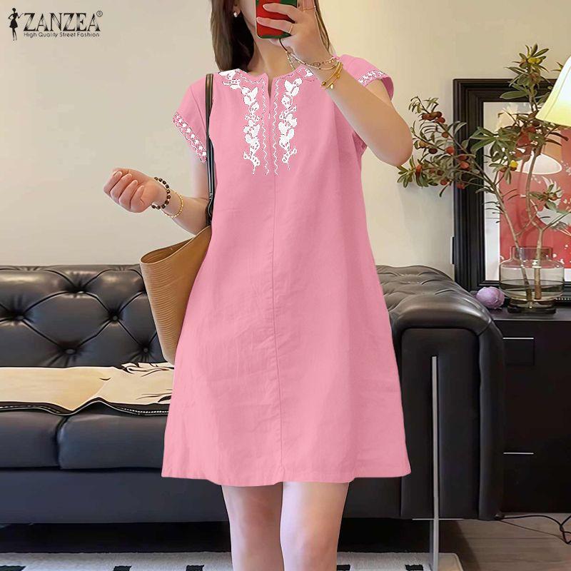 ZANZEA Women Print Casual V-Neck Summer Short Sleeve Dress