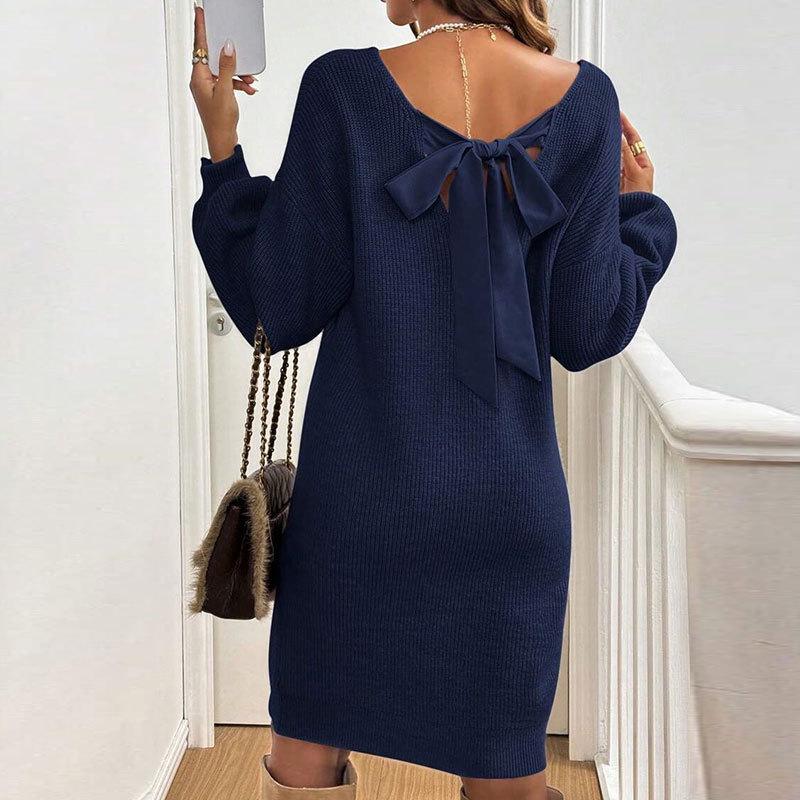 Autumn Women's V-Neck Bowknot Sweater Dress - Loose Knit Pullover