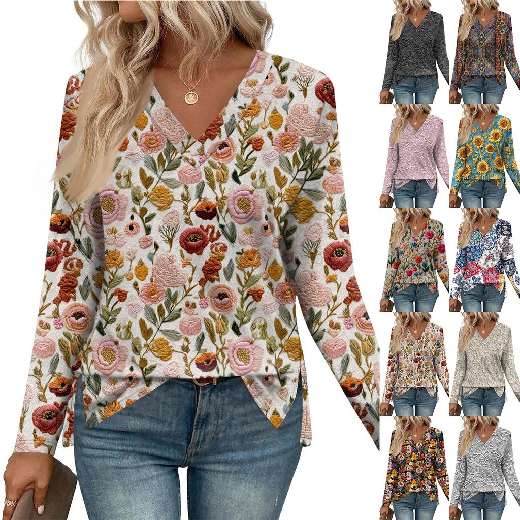 Women's Floral Print Casual Loose Long-Sleeved T-Shirt Top