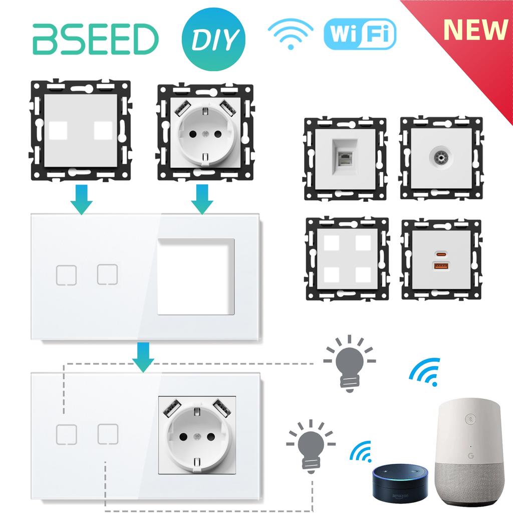 BSEED WIFI Touch Switch Modules Smart Light Switch Parts White Glass Frame DIY Combination Wall Sockets USB Charge Key E-Series