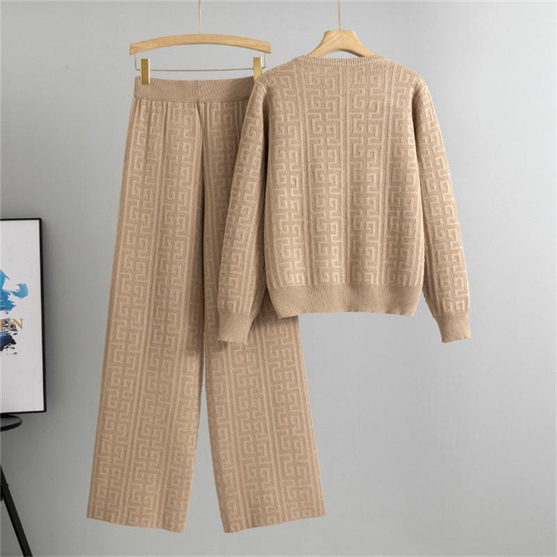 Women's Autumn And Winter Sports Casual Knitted Suit Fashion Cardigan Sweater Wide Leg Pants Two Piece Set