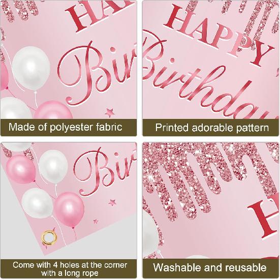 Pink Birthday Banner - Happy Birthday Banner Backdrop Decorations Sign Party Supplies