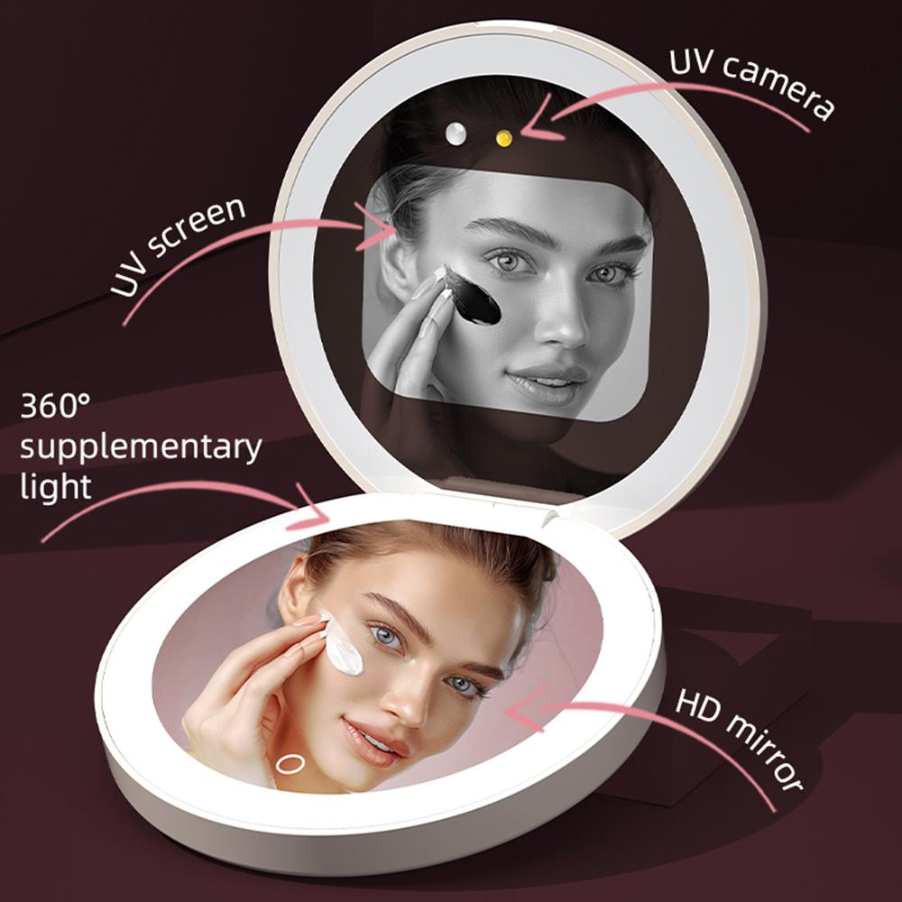 Smart Sunscreen UV Mirror with UV Camera for Sunscreen Test LED Fill Light 3 Light Mode Travel Makeup Mirror Handheld Make Up Mi