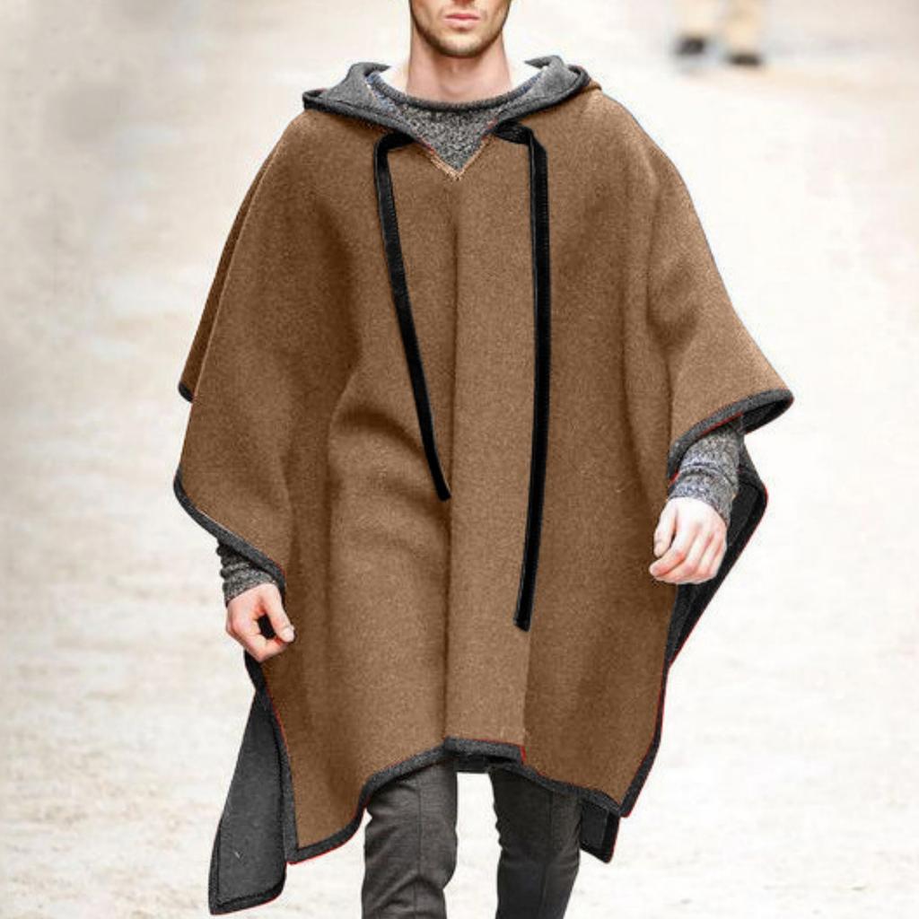 Pánský ležérní a módní plášť pončo s kontrastní barvou, svetr pončo s kapucí, vlněný kabát