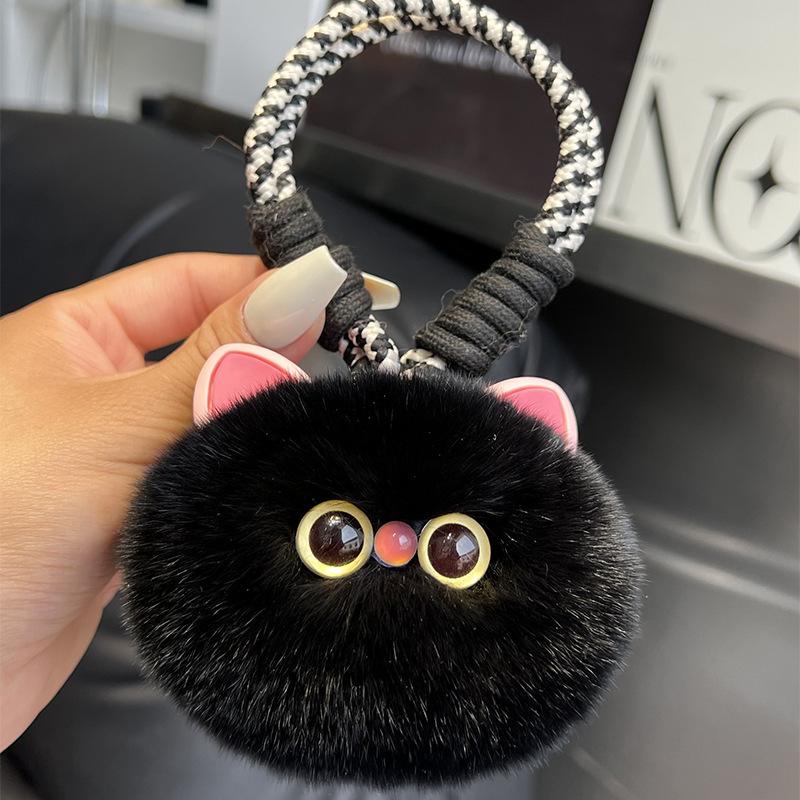 Porte-clés Chat en Peluche Moelleux Kawaii - Mignon Pendentif Sac à Main Femme Porte-clés Pendentif Cadeau Pour Amoureux des Chats noir