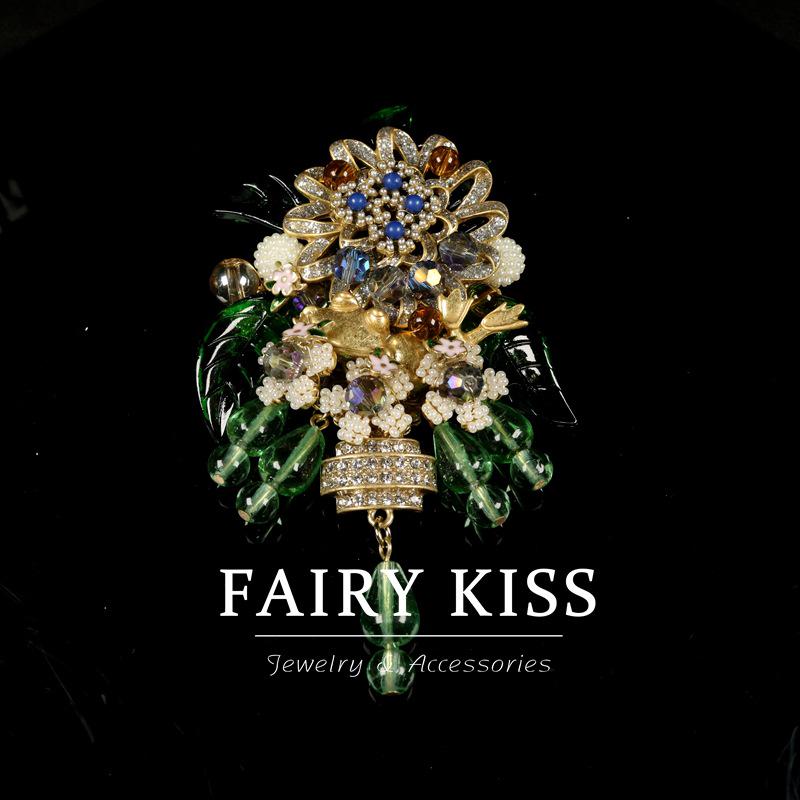 Vintage Hand-Woven Rhinestone Flower Brooch with Glass Pendant