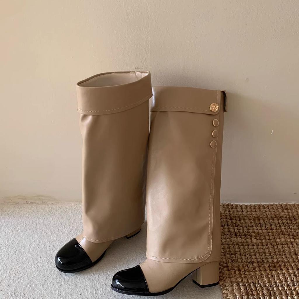 High Heel Knight Boots Women's Leather Patchwork Over Knee Long Tube Boots Round Head Not Knee High Fashion Boots Winter Season