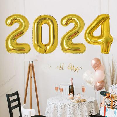4 Pcs Number Balloon Golden Color Reusable Leakproof Party Prop 2024 New Year Decorative Inflatable Smooth Surface Party Balloon